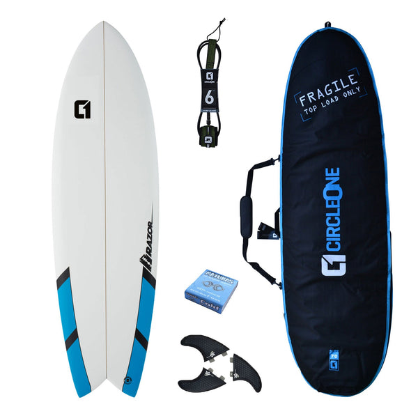 6ft 3 Razor Fish Tail Shortboard Surfboard Package - Includes Bag, Leash, Fins, Wax