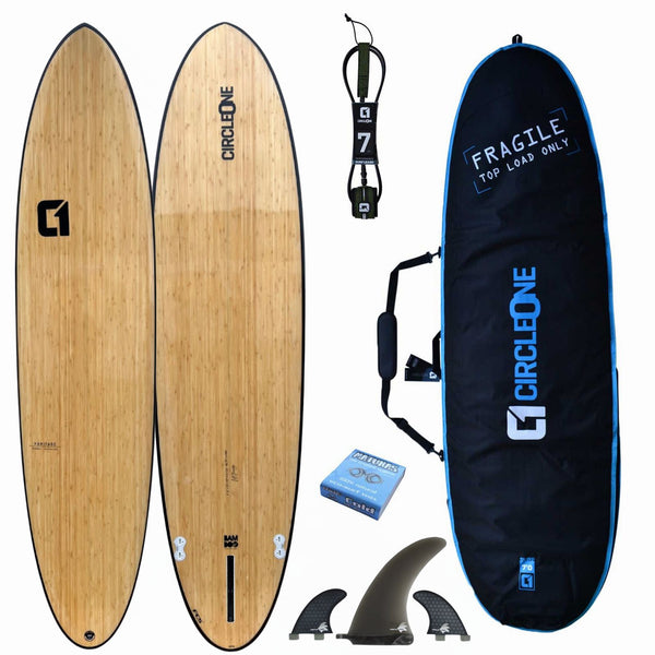 7ft 6 Bamboo Round Tail Mini Mal Surfboard Package - Includes Bag, Leash, Fins, Wax