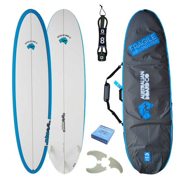 7ft 6 Pulse Round Tail Mini Mal Surfboard by Australian Board Co Package - Includes Bag, Fins, Leash, Wax