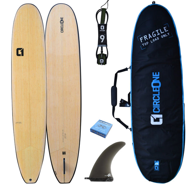 9ft 6 Bamboo Noserider Longboard Package - Includes Bag, Leash, Fins, Wax