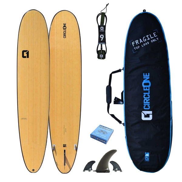 9ft Bamboo Round Pin Tail Longboard Surfboard Package - Includes Bag, Leash, Fins, Wax