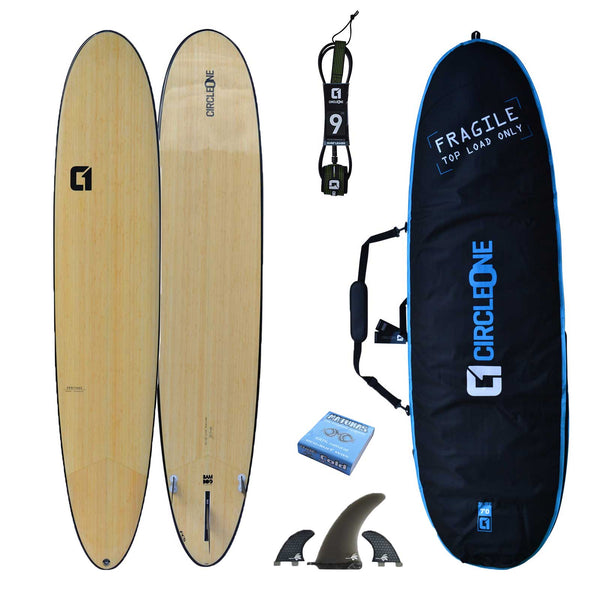 9ft 6 Bamboo Round Pin Tail Longboard Surfboard Package - Includes Bag, Leash, Fins, Wax