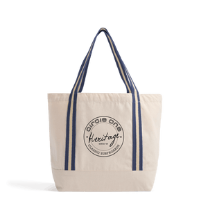 Natural/French Navy Heat Transfer Bag Front